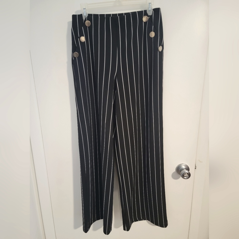Black/white pin stripe crop dress pants with gold button accent